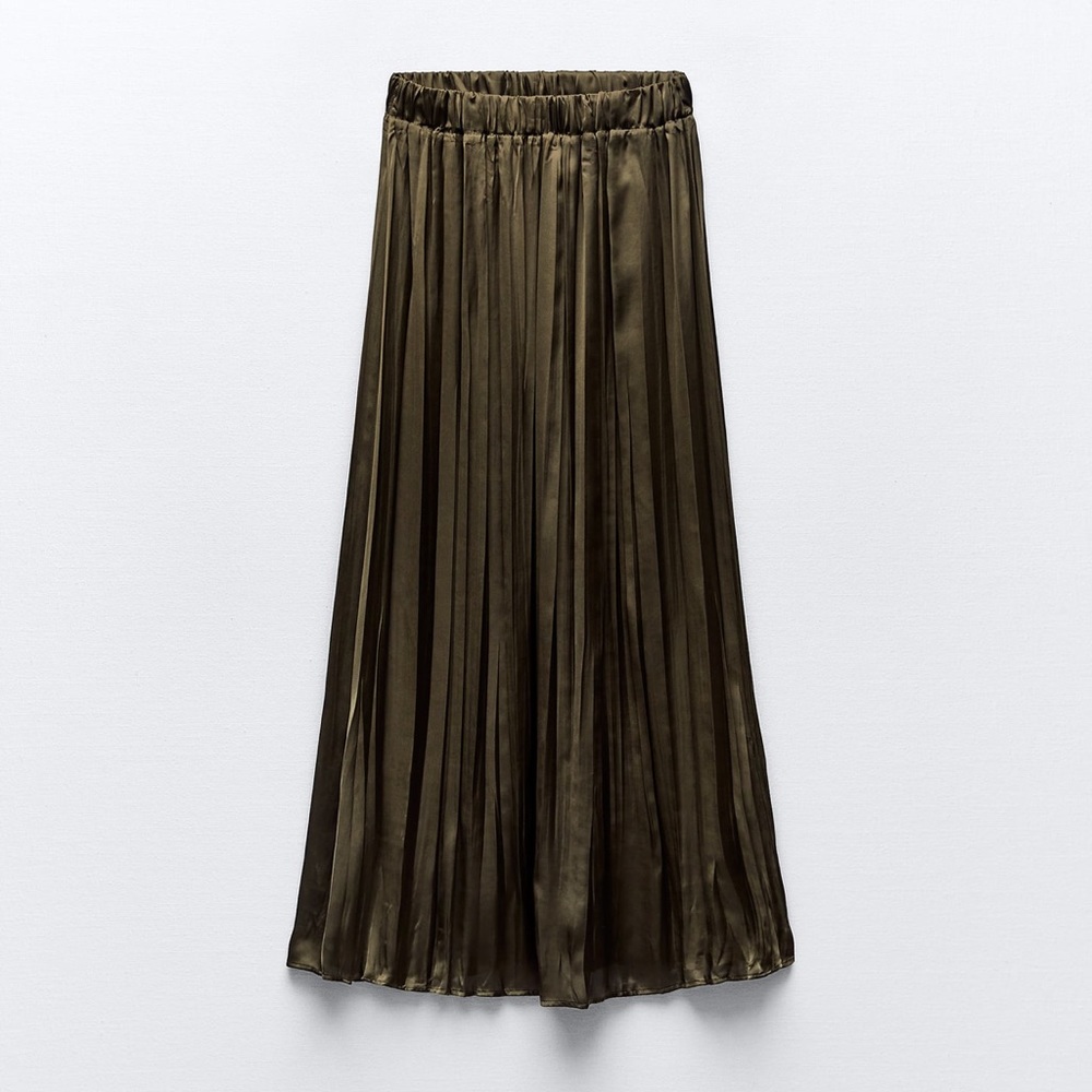 Zara Olive Pleated Satin Maxi Skirt